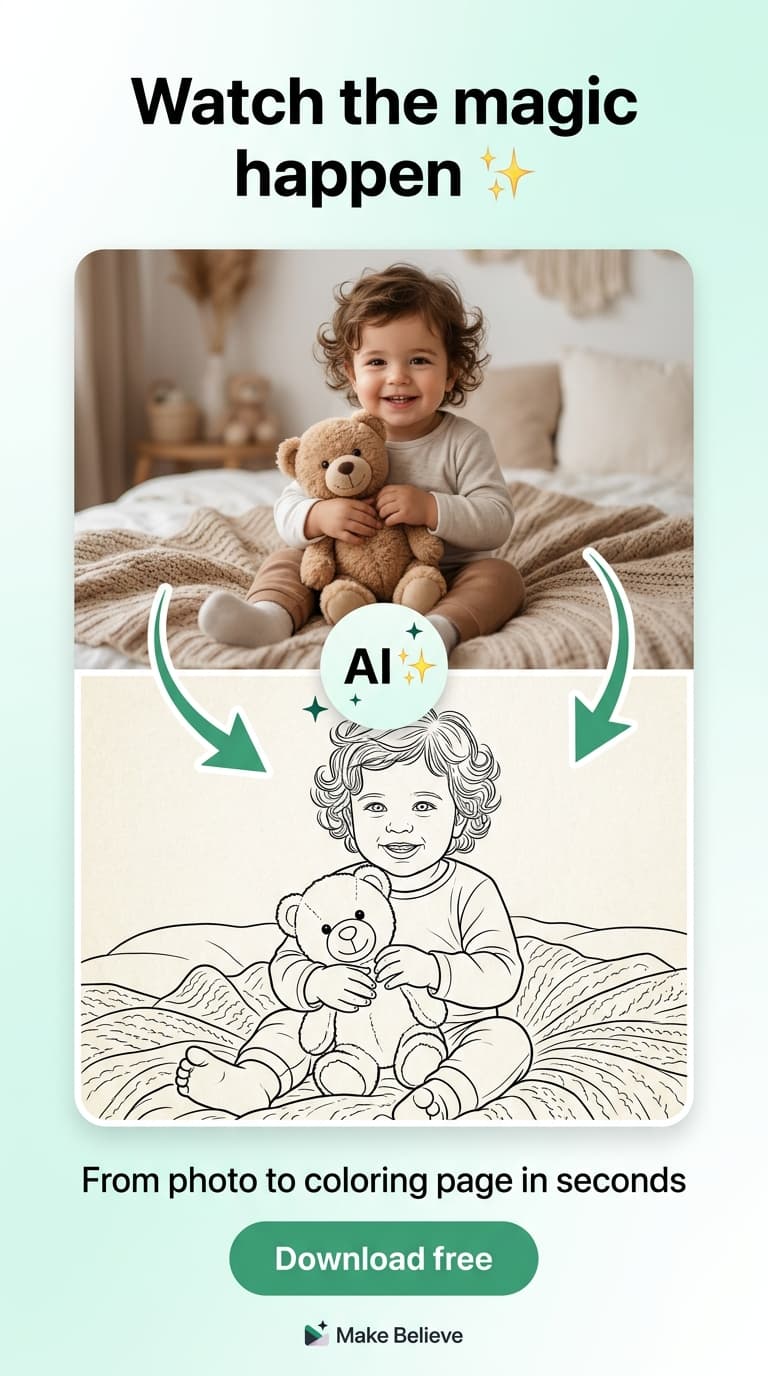 Before and after: original family photo on left, transformed into clean coloring page on right using Make Believe AI