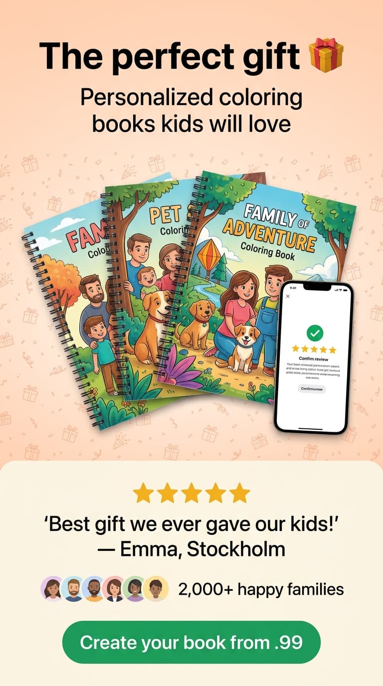 Happy family with children coloring together from their personalized Make Believe coloring book at the kitchen table