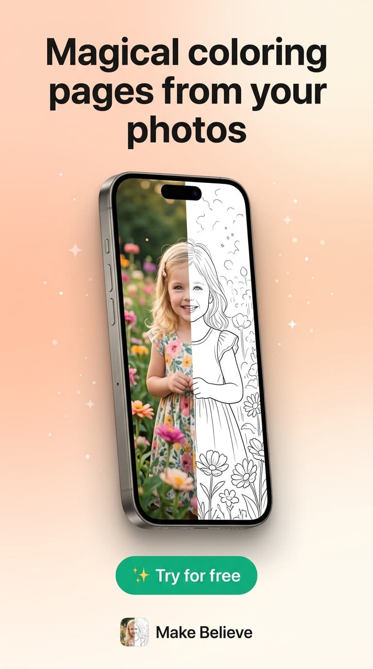 Make Believe app showing personalized coloring book transformation - family photo converted to coloring page